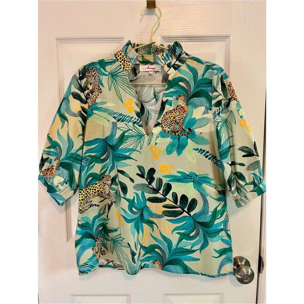 Amaya Tropical Leopard Print Blouse Green Cotton Resort Top S NWOT - Picture 2 of 7